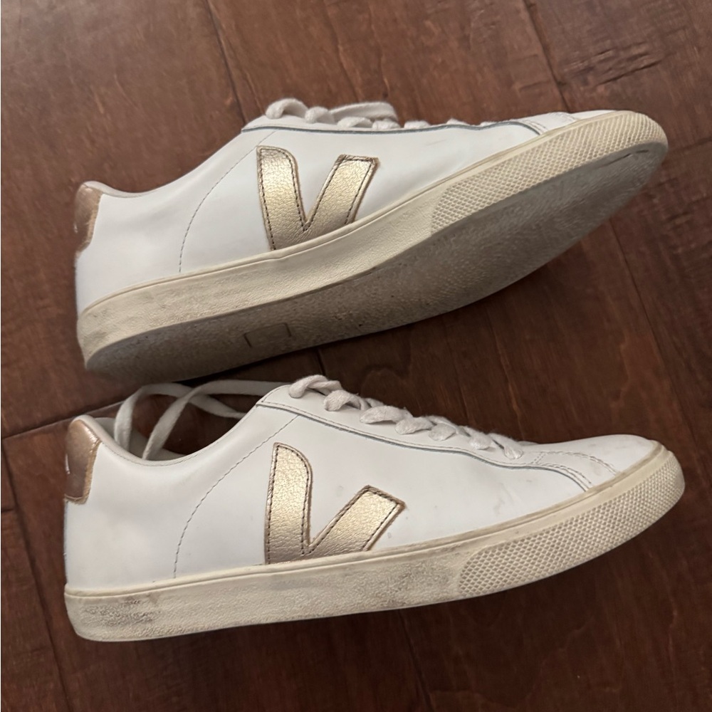 Veja White and Gold Minimalist Sneakers